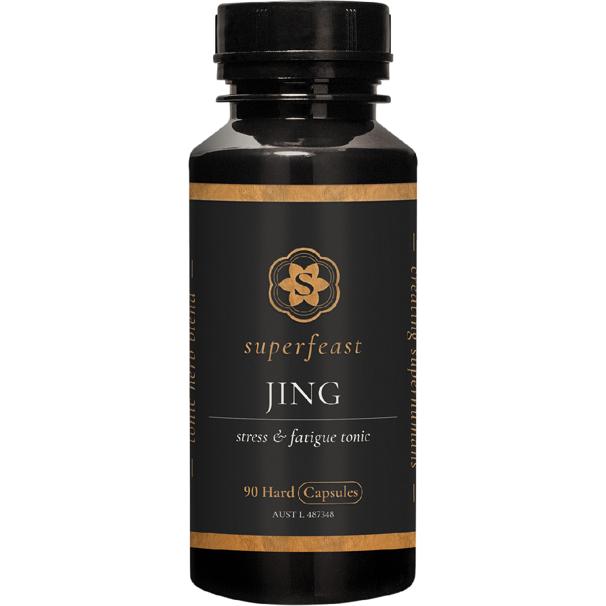 SuperFeast JING Stress & Fatigue Tonic bottle containing 90 capsules on a plain white background.