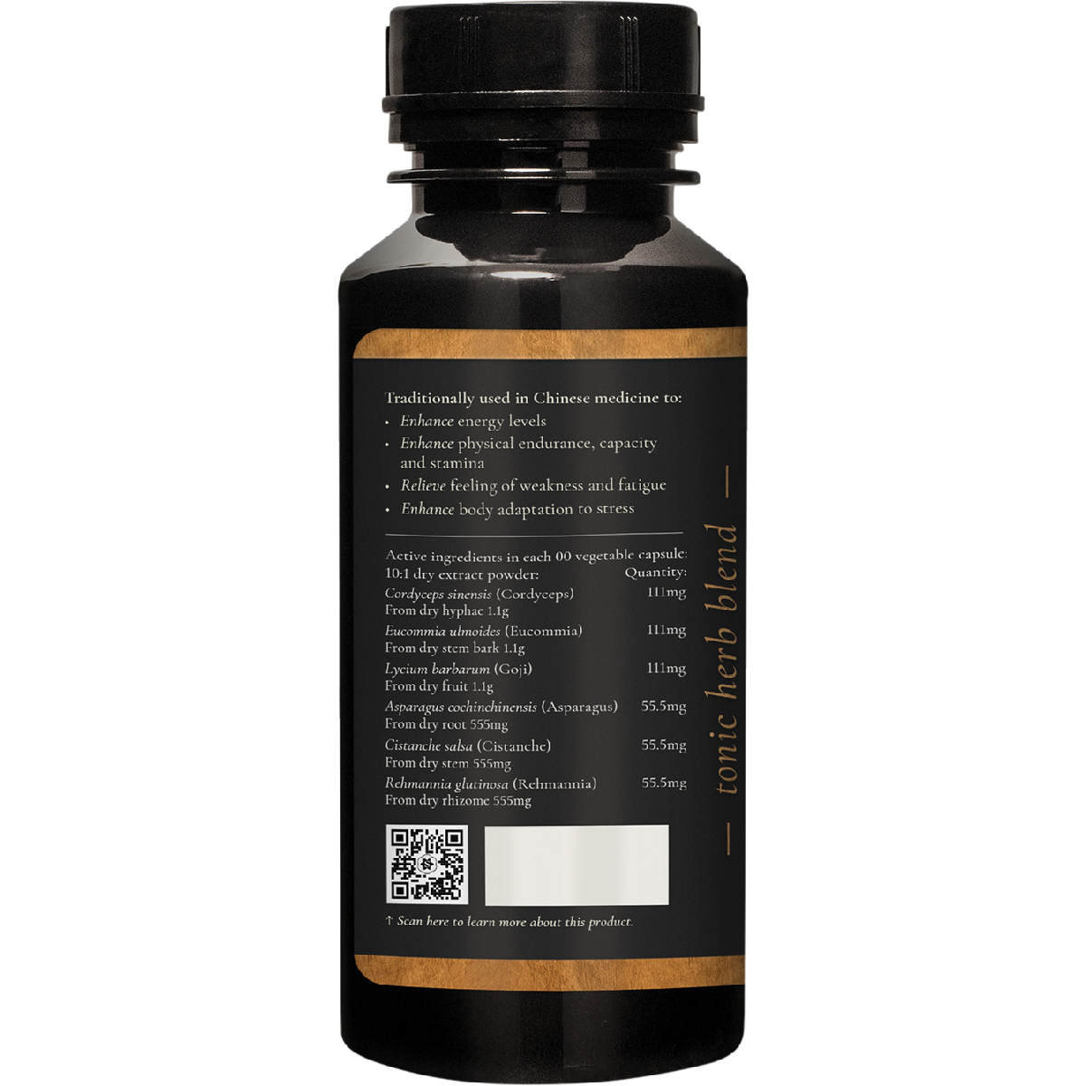 Side view of a SuperFeast JING Stress and Fatigue Tonic bottle with 90 capsules on a white background.