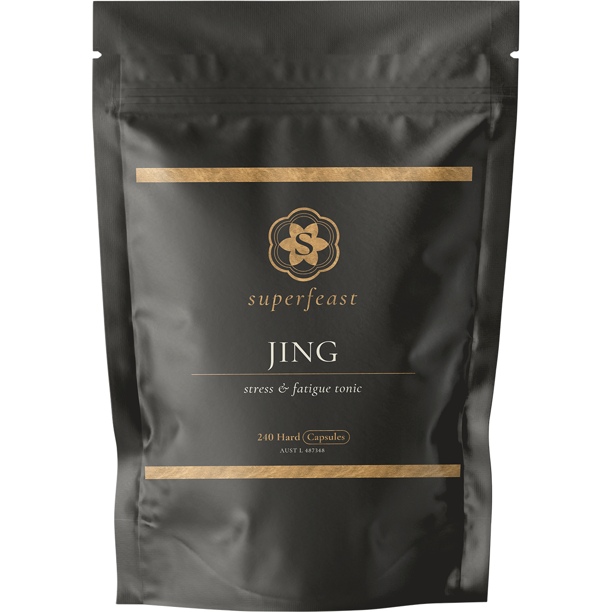 SuperFeast JING Stress & Fatigue Tonic, 240 capsules in a dark Miron glass jar with a minimalist white label.