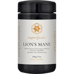 100g jar of SuperFeast Lion's Mane mushroom extract powder with a black lid and white label.