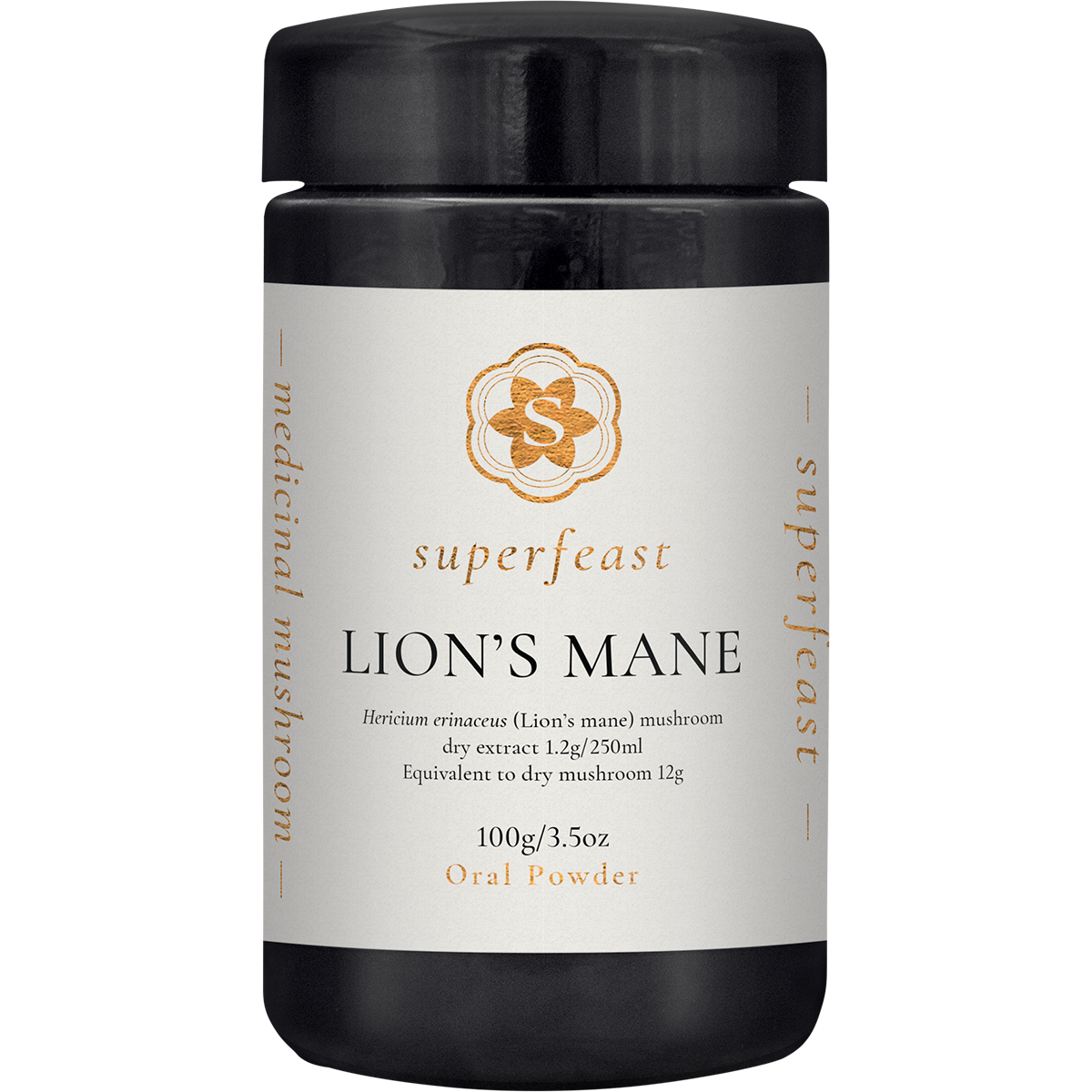 100g jar of SuperFeast Lion's Mane mushroom extract powder with a black lid and white label.