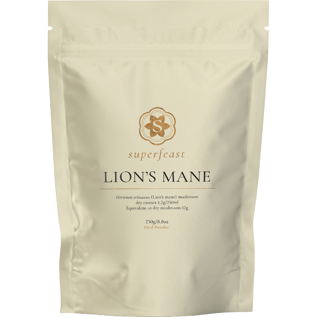 250g jar of SuperFeast Lion's Mane mushroom extract powder, a dietary supplement for focus and memory.
