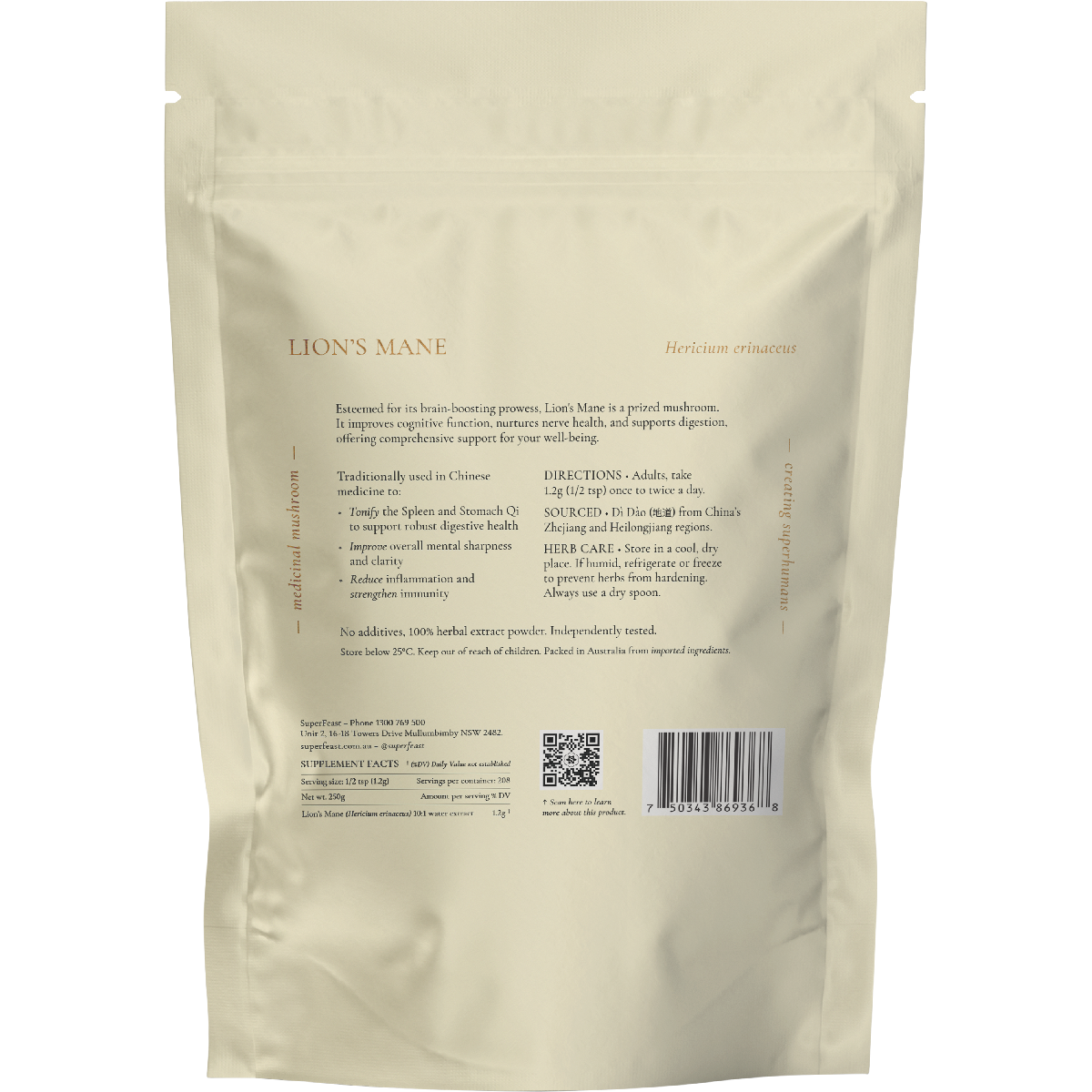 The back of a SuperFeast Lion's Mane 250g bag showing nutritional information and directions on a white background.