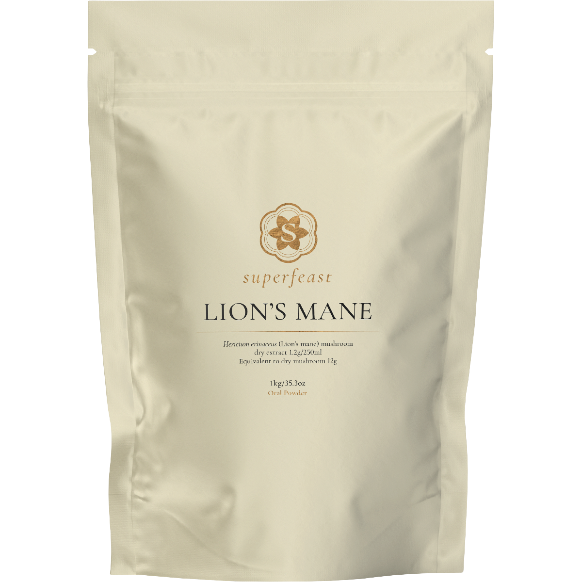 1kg bag of SuperFeast Lion's Mane mushroom extract powder for cognitive and digestive support.
