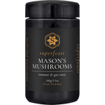 100g jar of SuperFeast Mason's Mushrooms powder with a black label and lid on a white background.