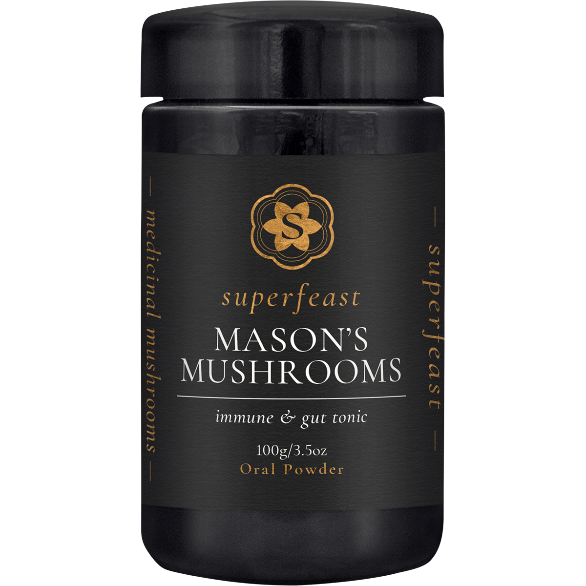 100g jar of SuperFeast Mason's Mushrooms powder with a black label and lid on a white background.