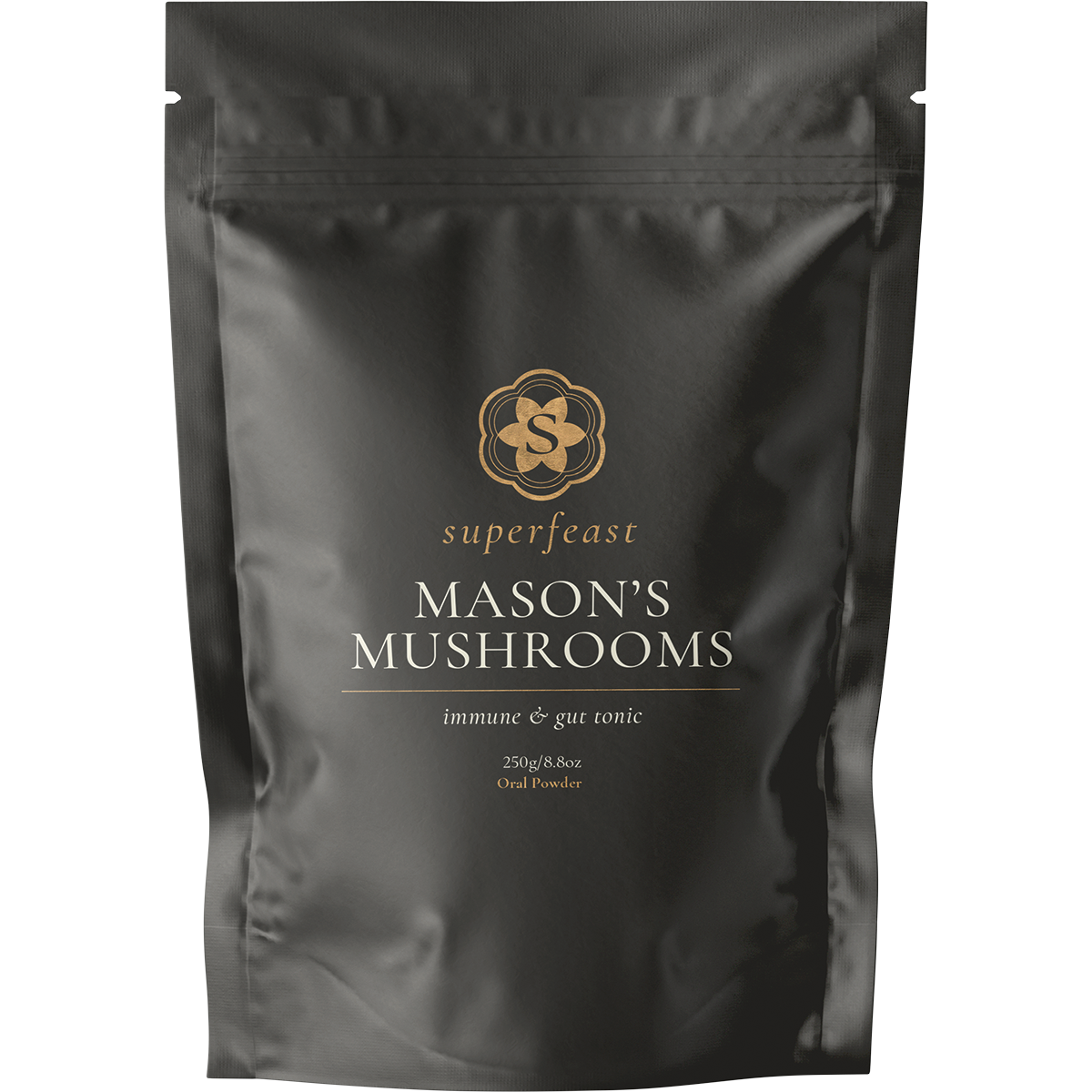 250g bag of SuperFeast Mason's Mushrooms Immune and Gut Tonic featuring a black label with gold and white text.