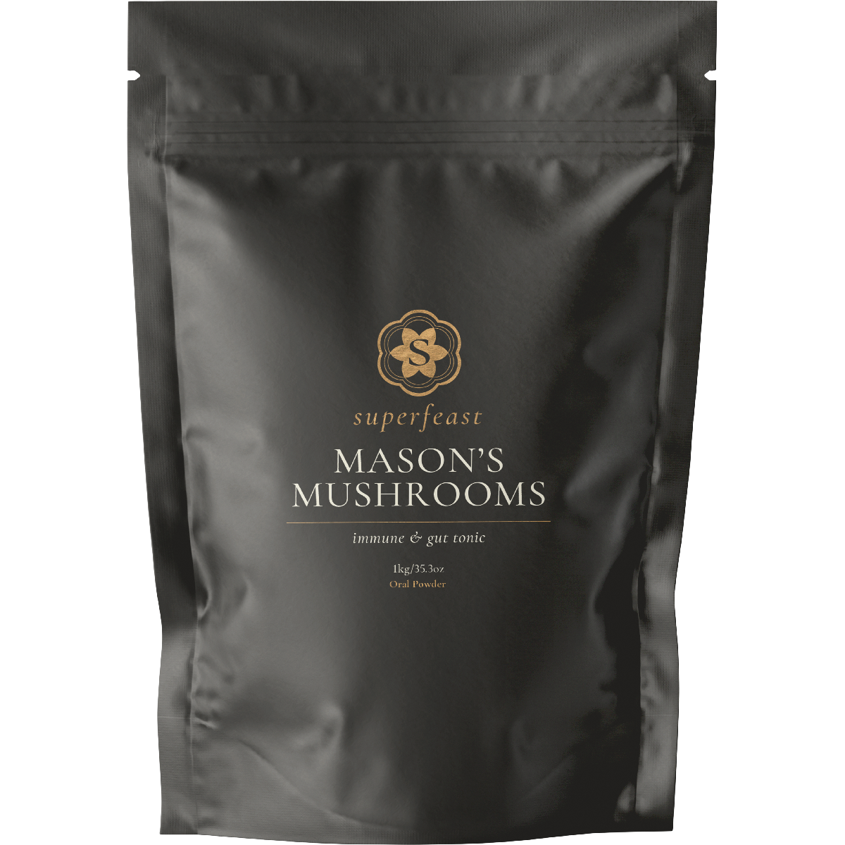 1kg bag of SuperFeast Mason's Mushrooms Immune and Gut Tonic featuring a black label and white text.