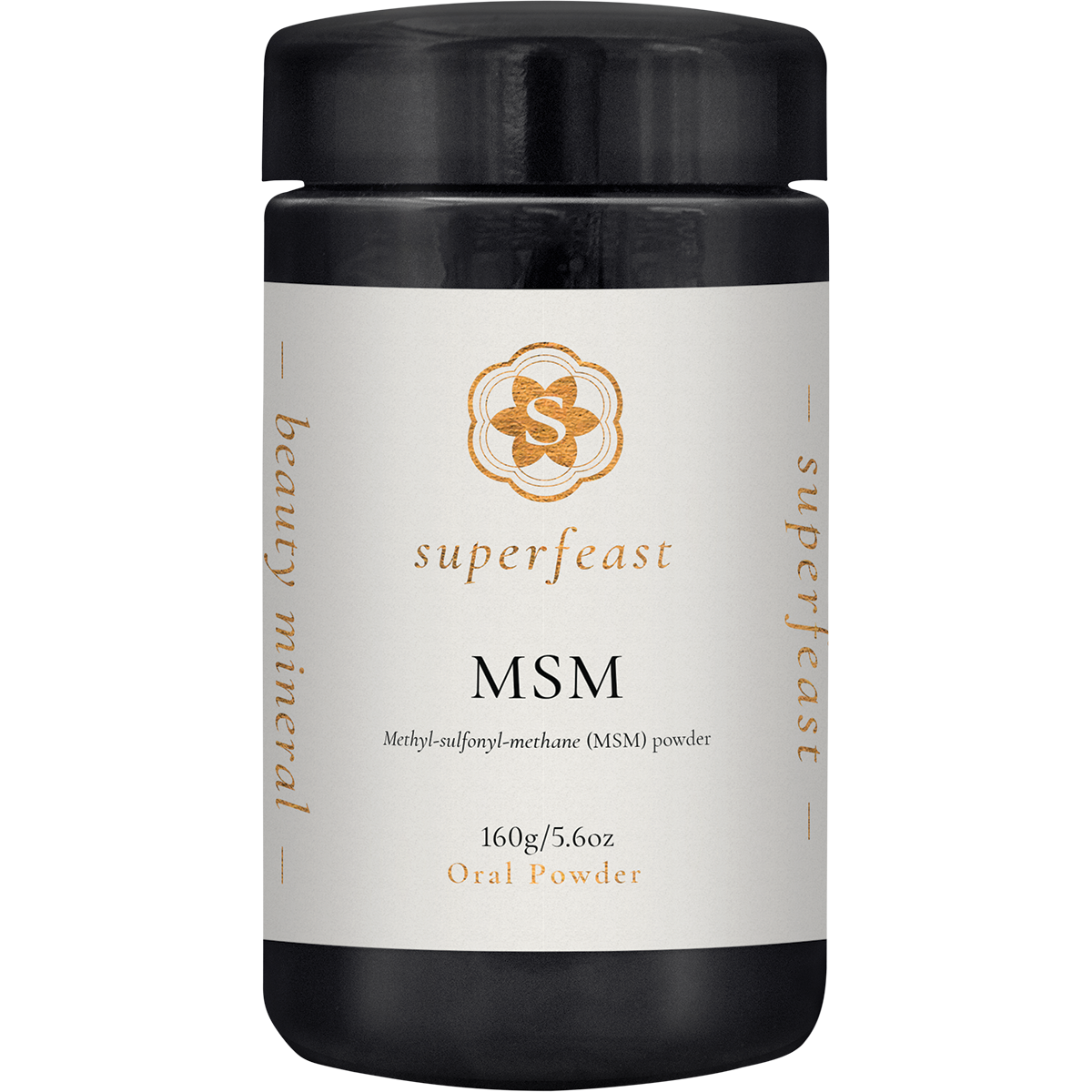 160g jar of SuperFeast MSM powder with a black label and white text on a clean white background.