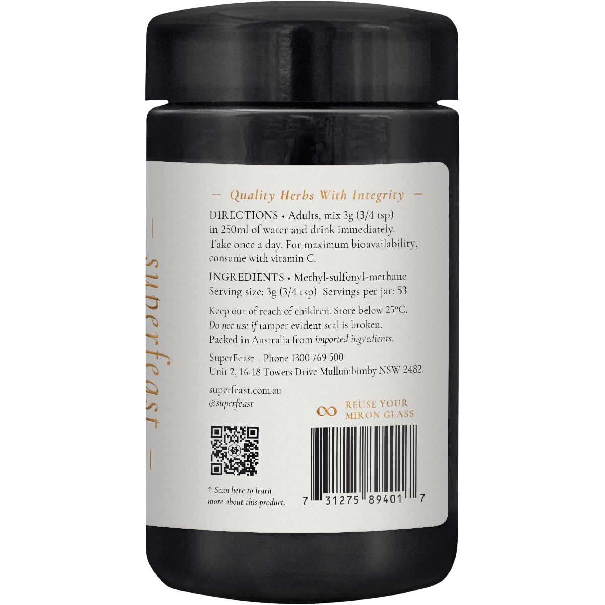 SuperFeast MSM 160g jar with a black label and white text, viewed from the right on a white background.