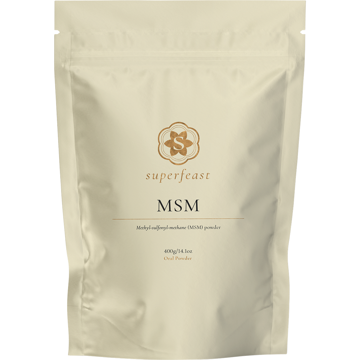 SuperFeast MSM 400g tub of dietary supplement powder for joint, skin, and detoxification support.