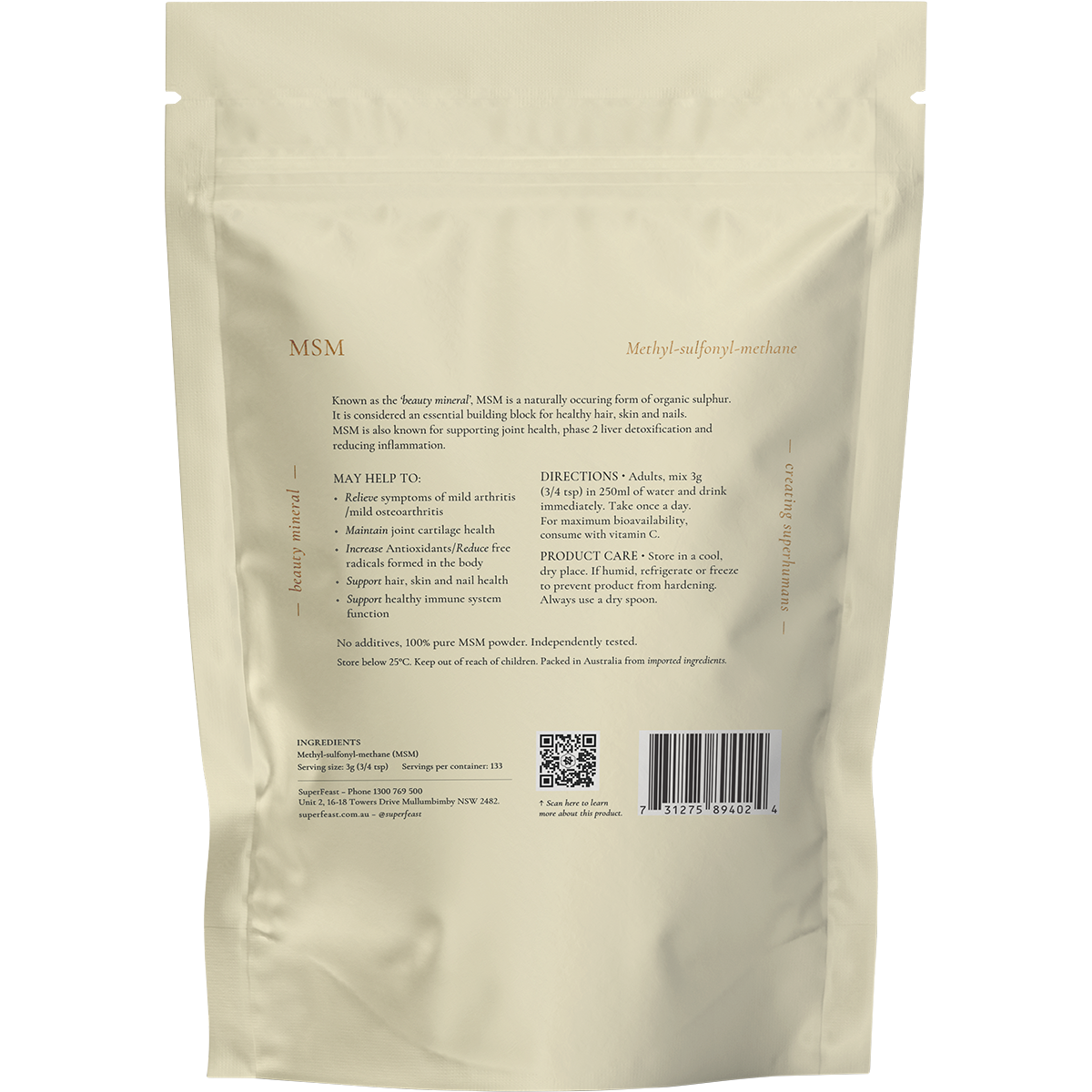 Back of a 400g tub of SuperFeast MSM powder, showing nutritional information, directions, and ingredients.