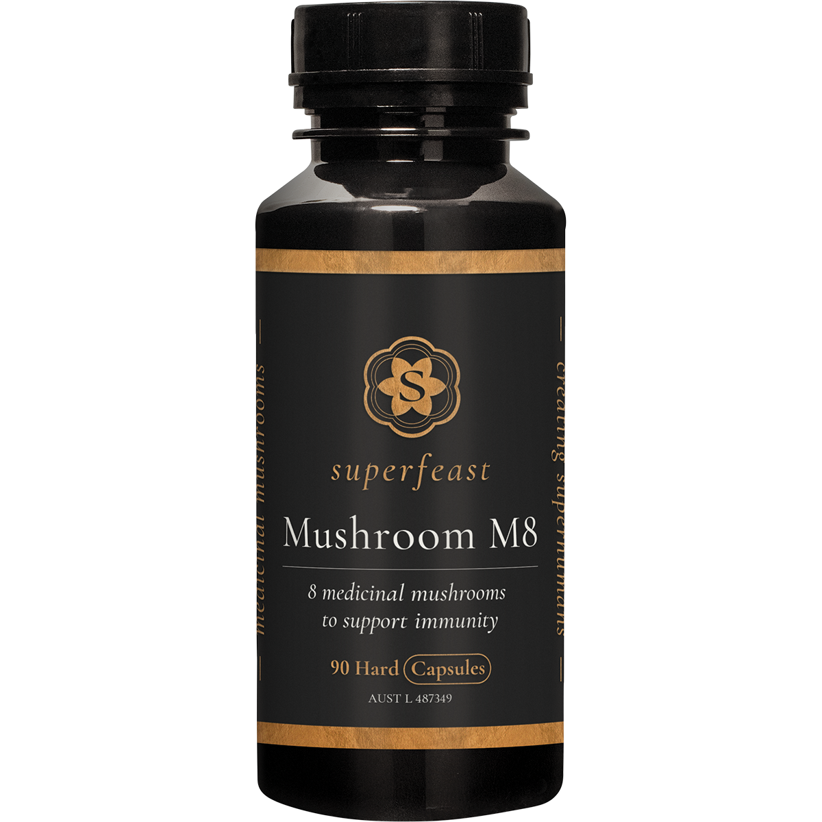 90 capsules of SuperFeast Mushroom M8 in a dark violet glass jar with a black lid and gold and white labeling.