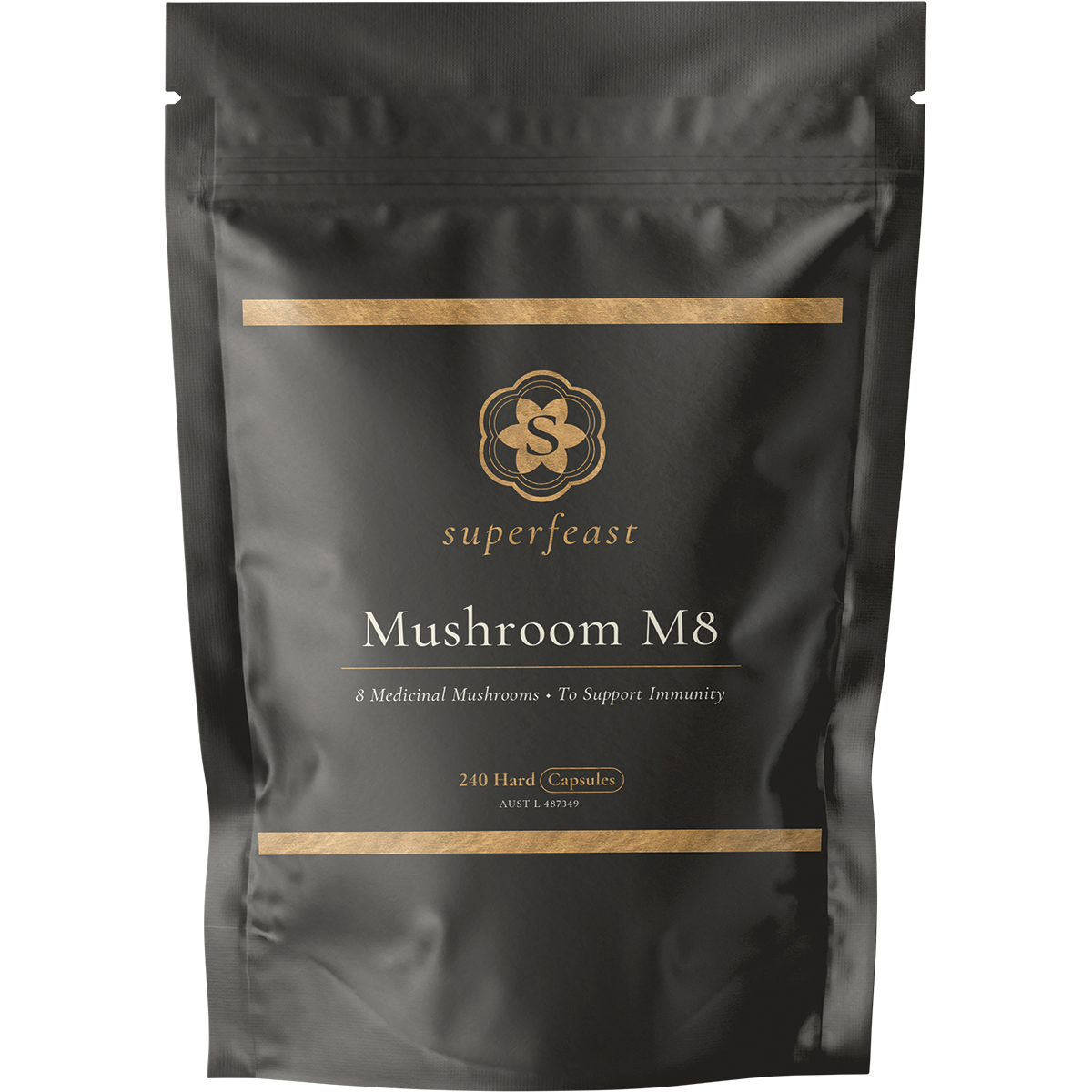 SuperFeast Mushroom M8 240 capsules in a dark glass jar with a minimalist label and gold lid.