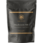 SuperFeast Mushroom M8 240 capsules in a dark glass jar with a minimalist label and gold lid.