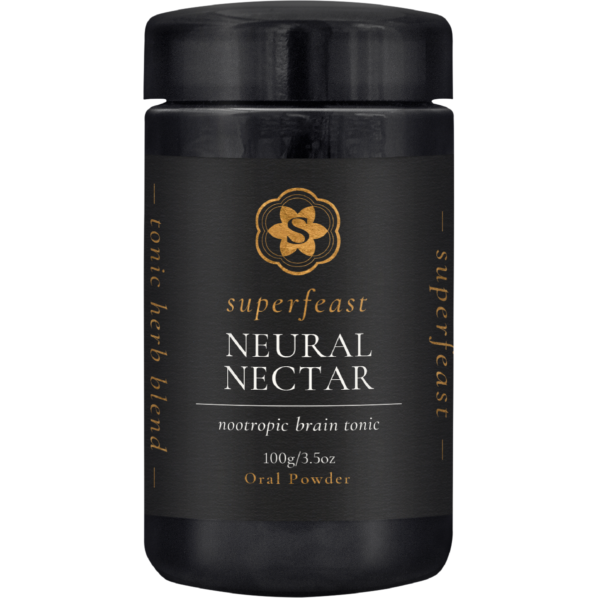 SuperFeast Neural Nectar 100g amber glass jar with a black lid and a detailed gold and black label.