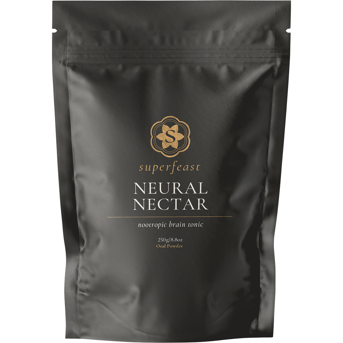 250g bag of SuperFeast Neural Nectar Nootropic Brain Tonic with a minimalist white and black label.