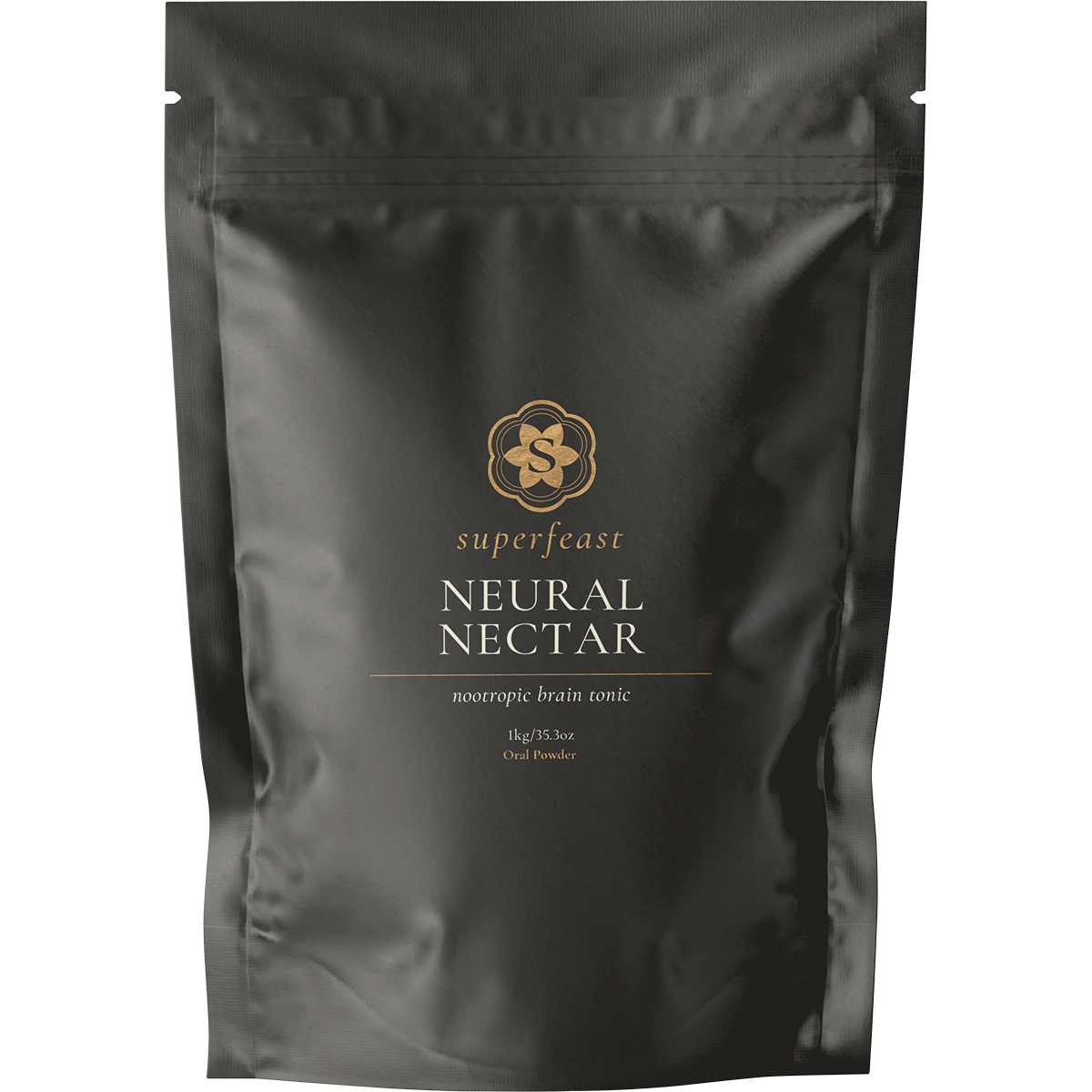 1kg bag of SuperFeast Neural Nectar Nootropic Brain Tonic, a powdered herbal blend for cognitive support.