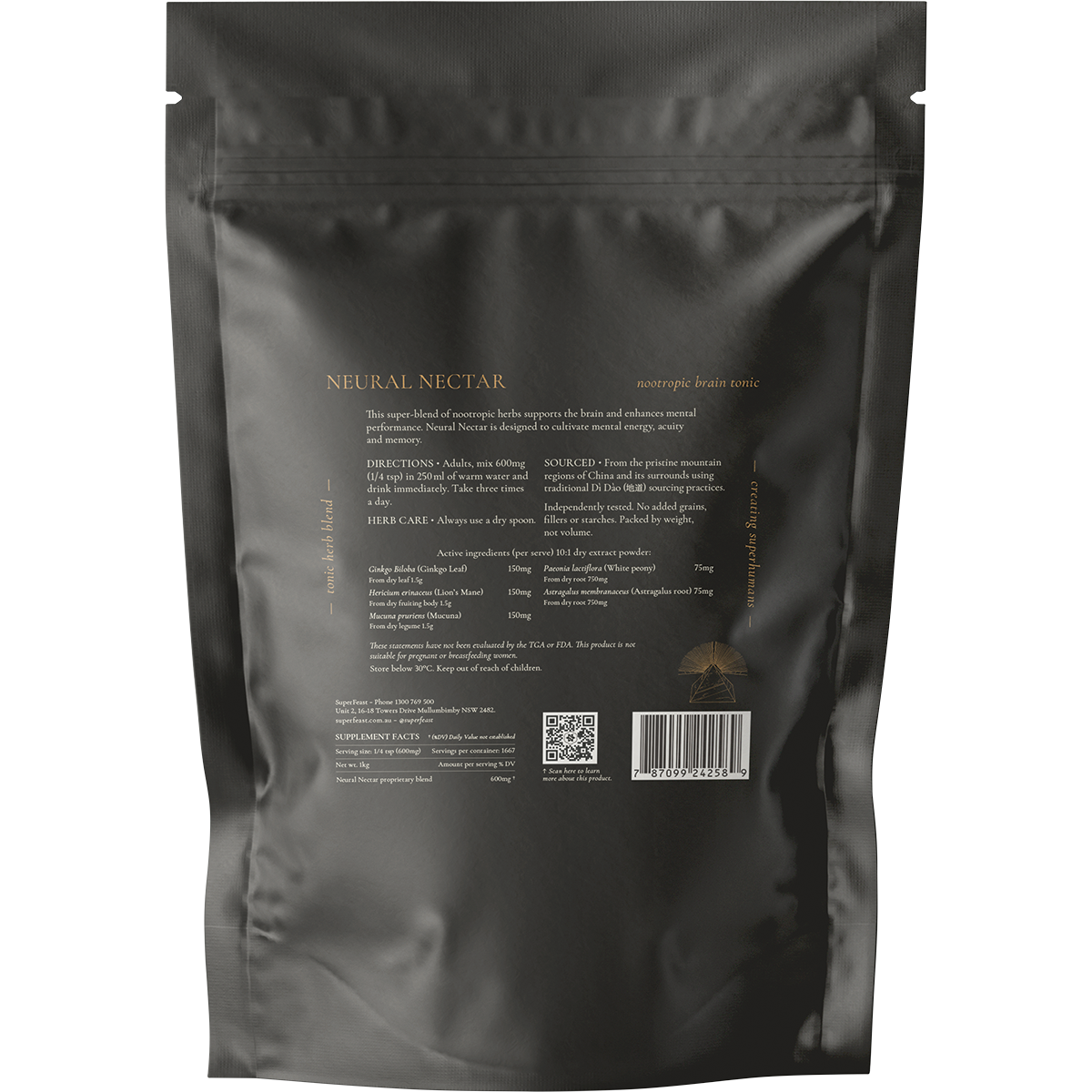 Back of a 1kg SuperFeast Neural Nectar bag showing ingredients, dosage instructions, and product information.