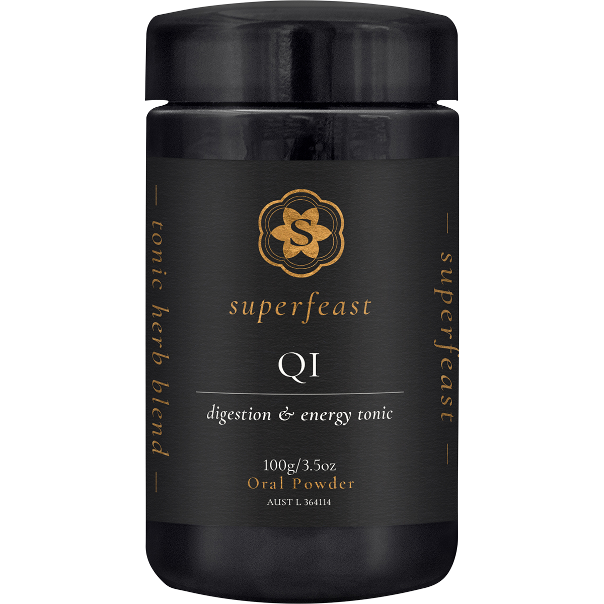 SuperFeast QI Digestion and Energy Tonic 100g glass jar with a black label and white text on a white background.