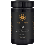 SuperFeast QI Digestion and Energy Tonic 100g glass jar with a black label and white text on a white background.