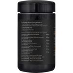SuperFeast QI 100g glass jar shown from a side angle highlighting the black label with white and gold text.