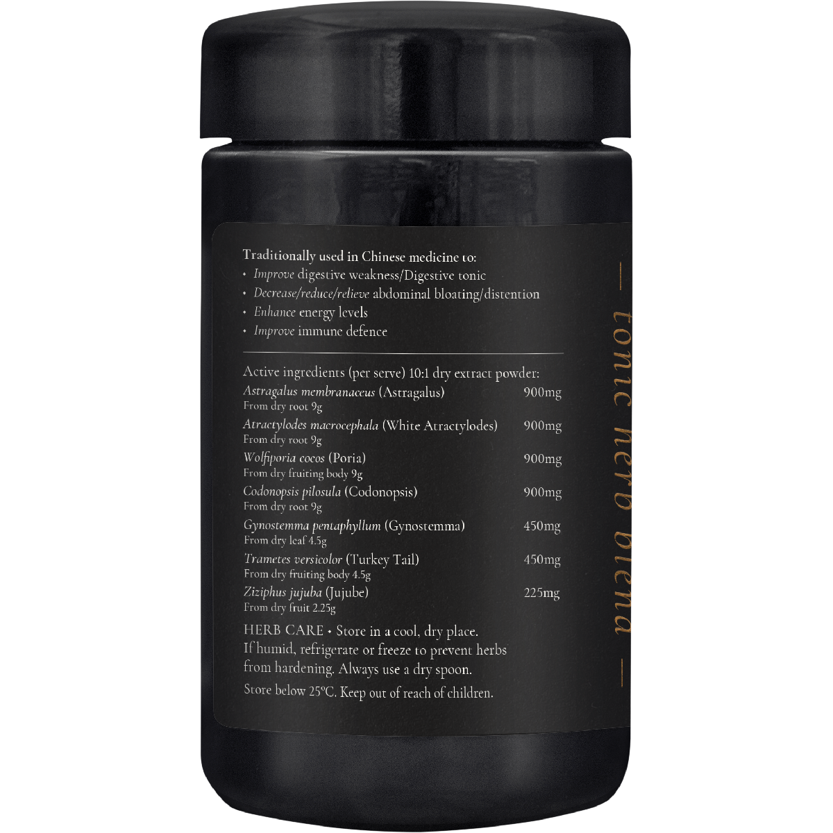 SuperFeast QI 100g glass jar shown from a side angle highlighting the black label with white and gold text.
