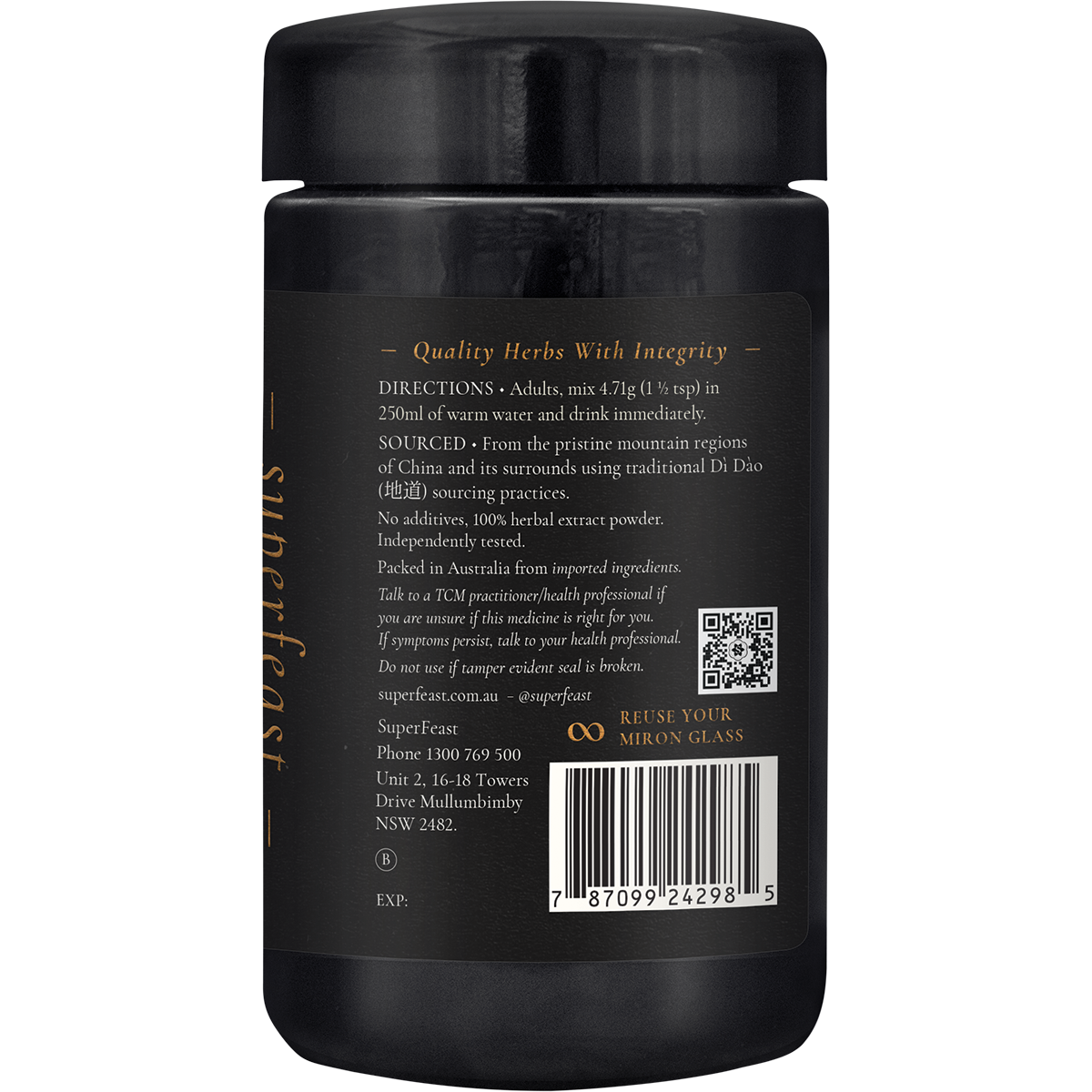 Side view of a SuperFeast QI 100g glass jar highlighting the black label with white and gold text.