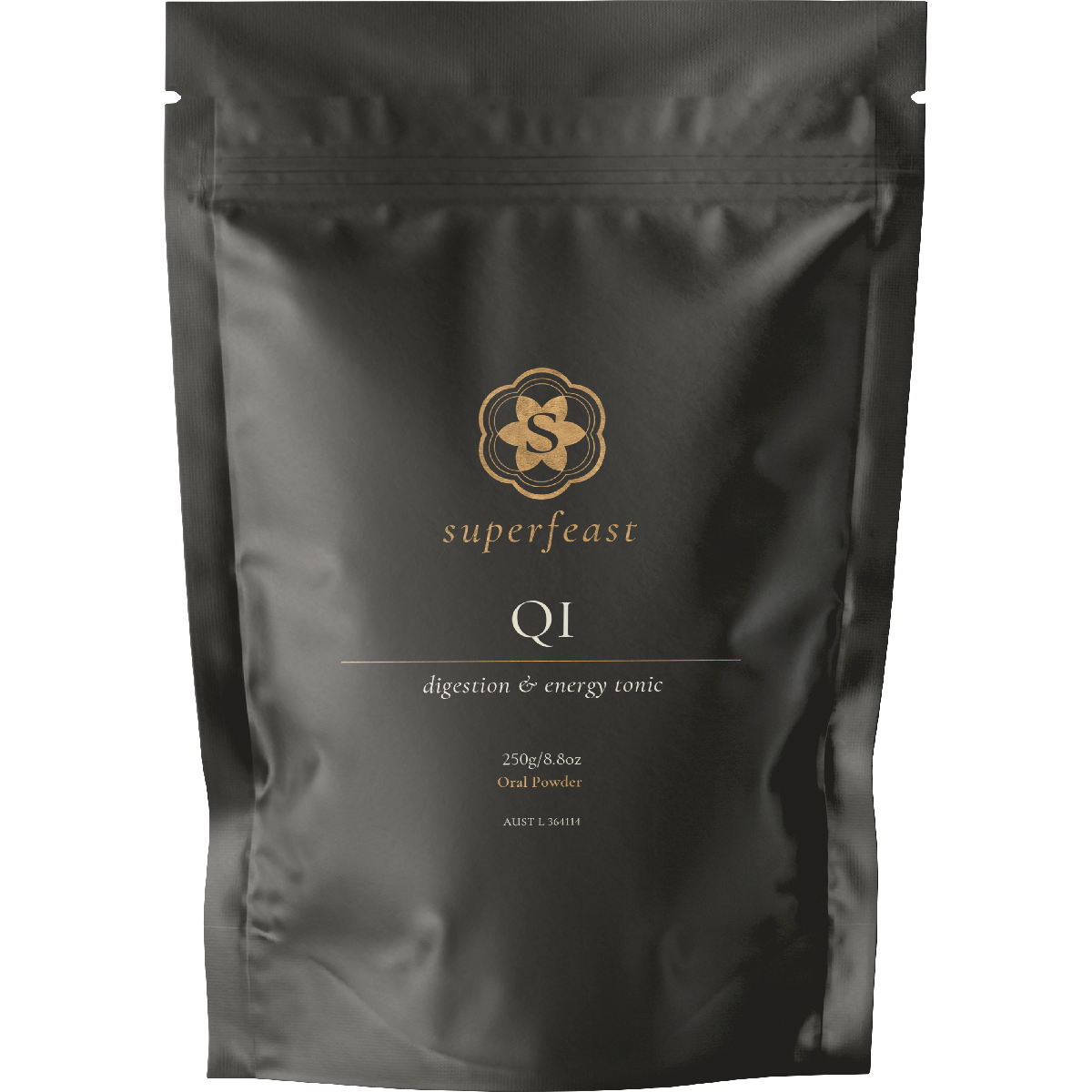 250g bag of SuperFeast QI Digestion and Energy Tonic, a powdered blend for metabolic and immune support.