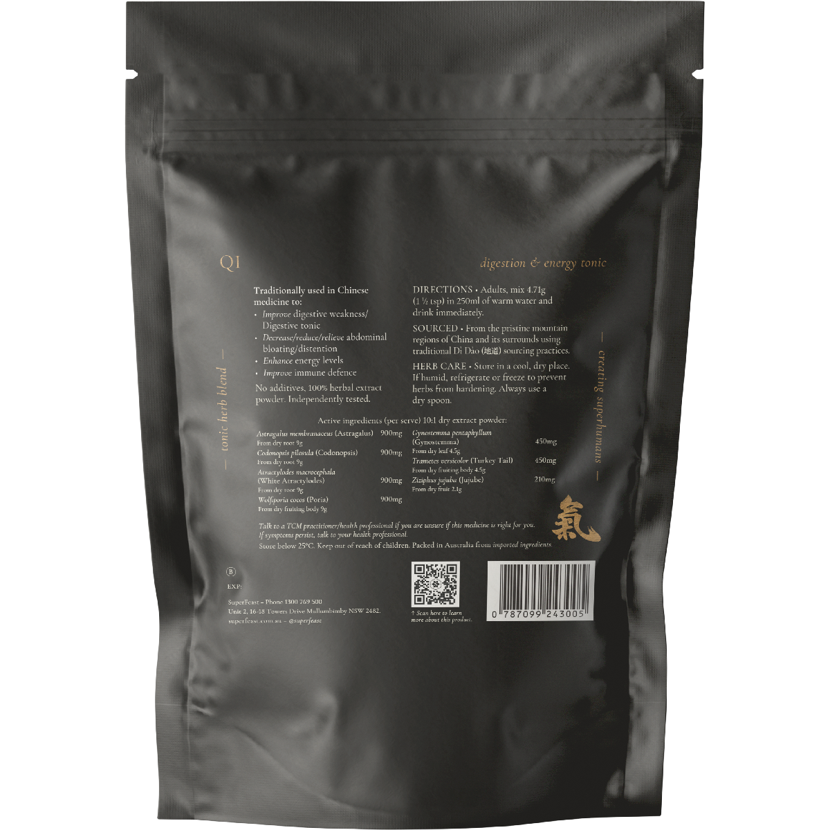 Back of SuperFeast QI Digestion and Energy Tonic 250g bag showing ingredients and serving suggestions.