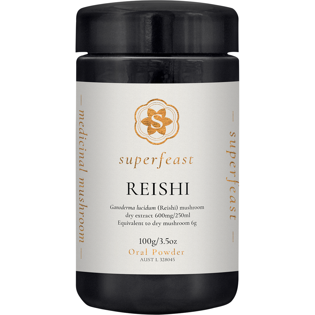 100g jar of SuperFeast Reishi extract powder with a brown label featuring a red mushroom illustration.