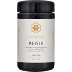 100g jar of SuperFeast Reishi extract powder with a brown label featuring a red mushroom illustration.