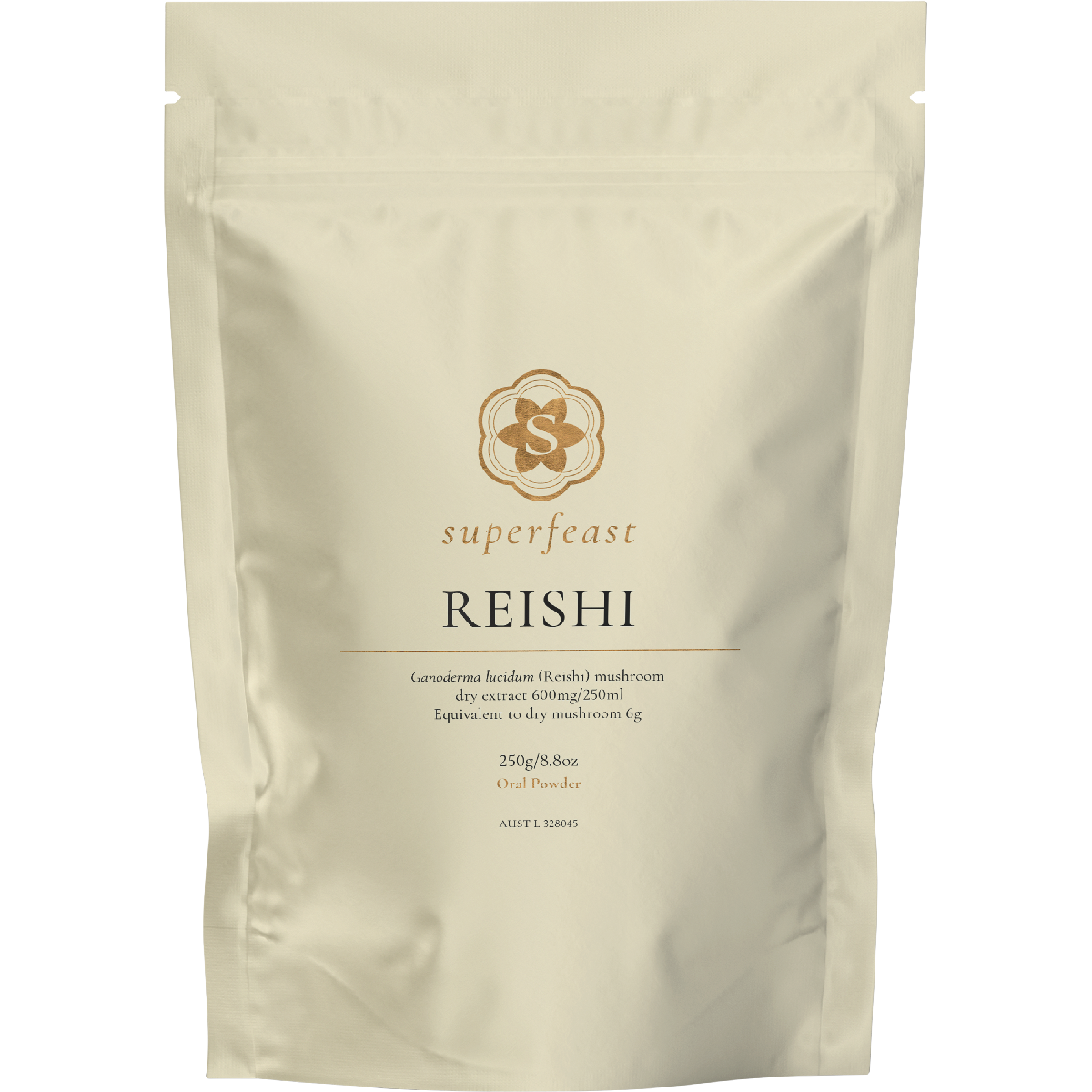 250g bag of SuperFeast Reishi extract powder, a medicinal mushroom supplement for immunity and sleep.