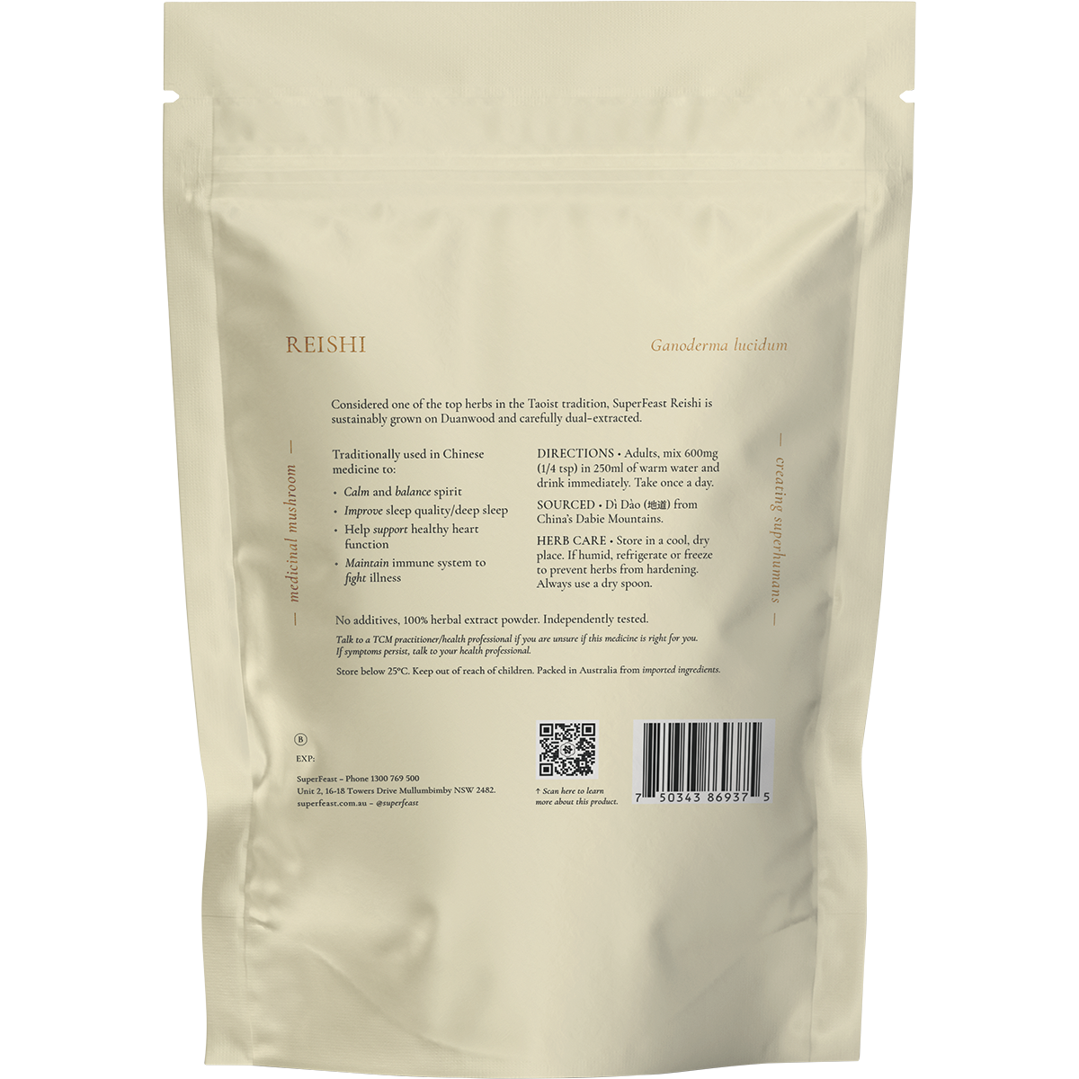 The back of a 250g bag of SuperFeast Reishi extract powder, showing ingredients, benefits, and directions for use.