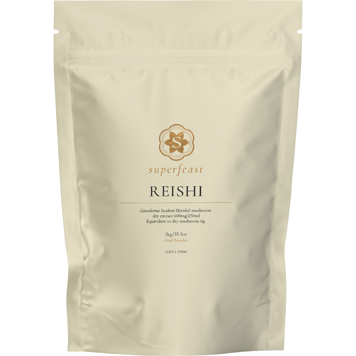 1kg bag of SuperFeast Reishi mushroom extract powder, featuring a minimalist white label with black and red text.