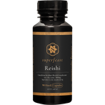SuperFeast Reishi 90 capsules in a dark glass bottle with a gold and white label for immune and sleep support.