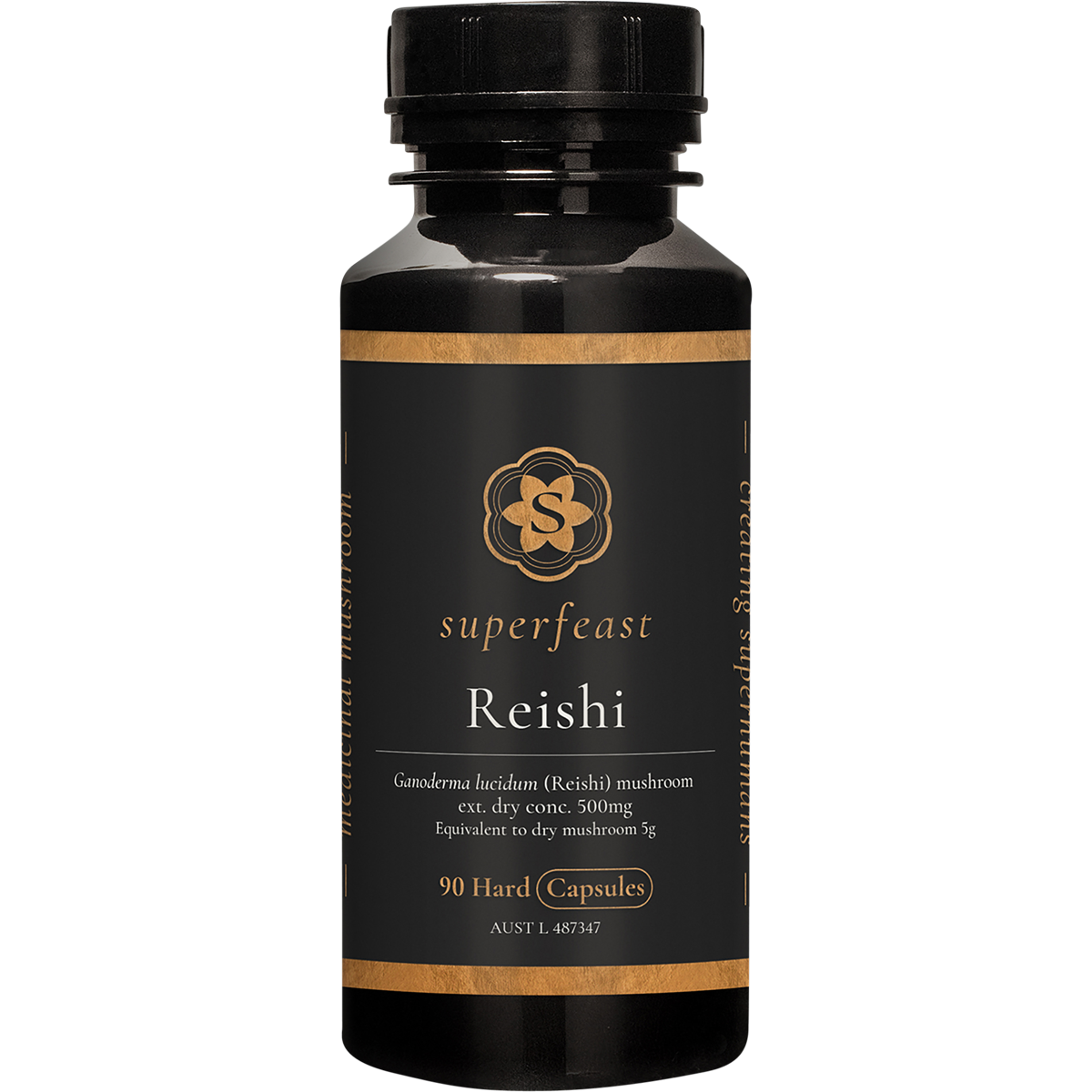 SuperFeast Reishi 90 capsules in a dark glass bottle with a gold and white label for immune and sleep support.