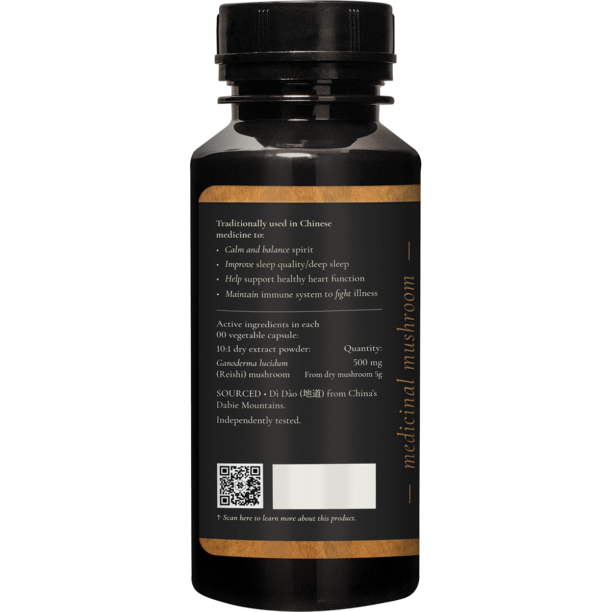 SuperFeast Reishi 90 capsules in a dark glass bottle with a gold and white label, shown from a left-side angle.