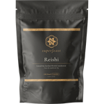 SuperFeast Reishi 240 Caps bottle with a black label featuring botanical illustrations of reishi mushrooms.
