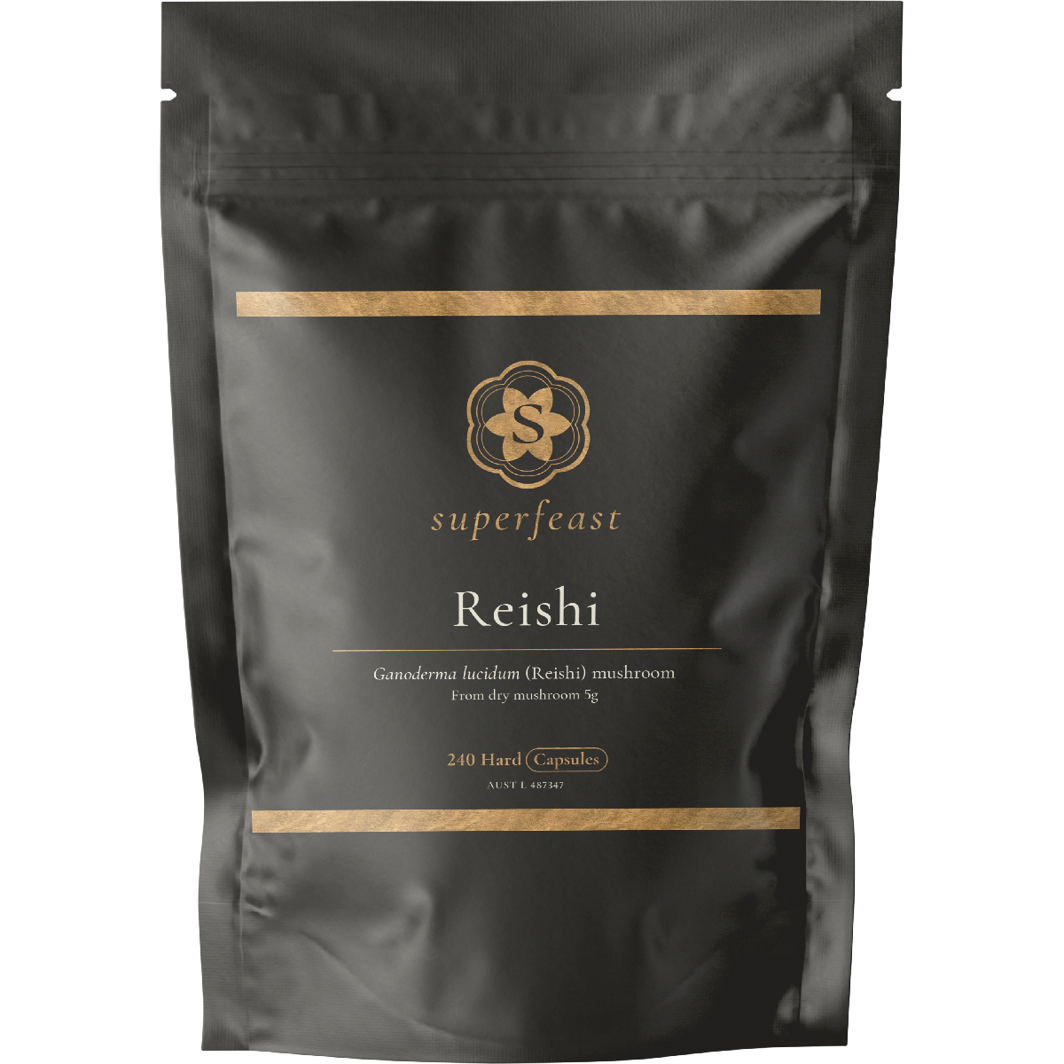 SuperFeast Reishi 240 Caps bottle with a black label featuring botanical illustrations of reishi mushrooms.