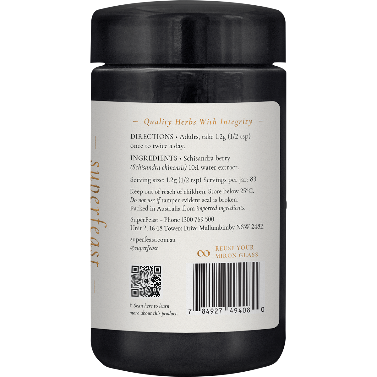 Right-facing view of a SuperFeast Schisandra 100g glass jar with a black lid on a white background.