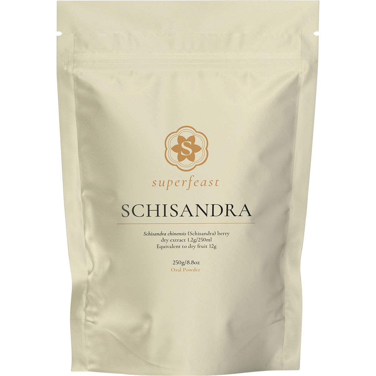 250g bag of SuperFeast Schisandra extract powder, a tonic herb for beauty and resilience.