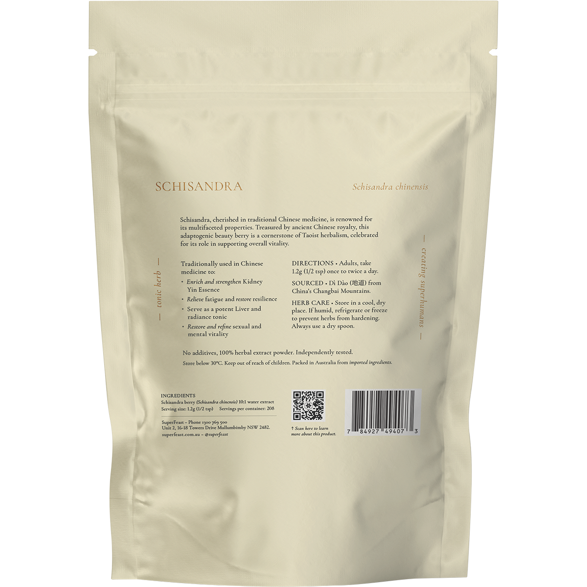 Back of a 250g bag of SuperFeast Schisandra extract powder showing product details and directions on a white background.