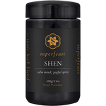 100g Miron glass jar of SuperFeast SHEN powder for calm mind and joyful spirit with a botanical label.