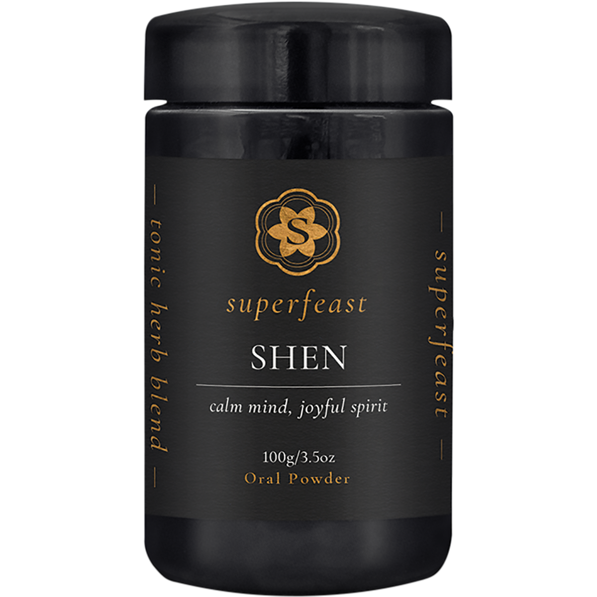 100g Miron glass jar of SuperFeast SHEN powder for calm mind and joyful spirit with a botanical label.