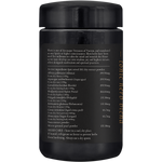 Left side view of the SuperFeast SHEN 100g Miron glass jar showing label details and botanical illustrations.