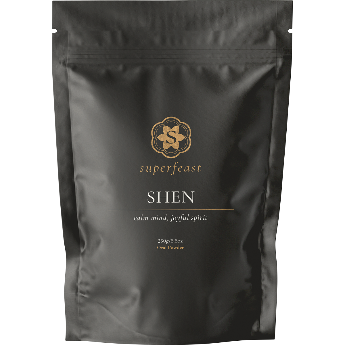 250g bag of SuperFeast SHEN herbal extract powder for a calm mind and joyful spirit on a white background.
