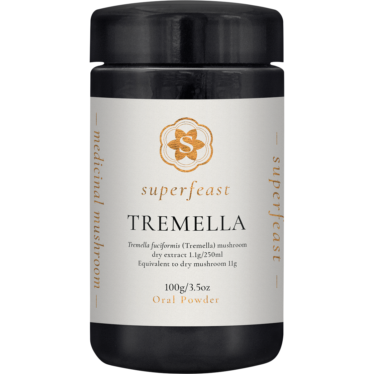 100g jar of SuperFeast Tremella mushroom extract powder for skin hydration and lung health.