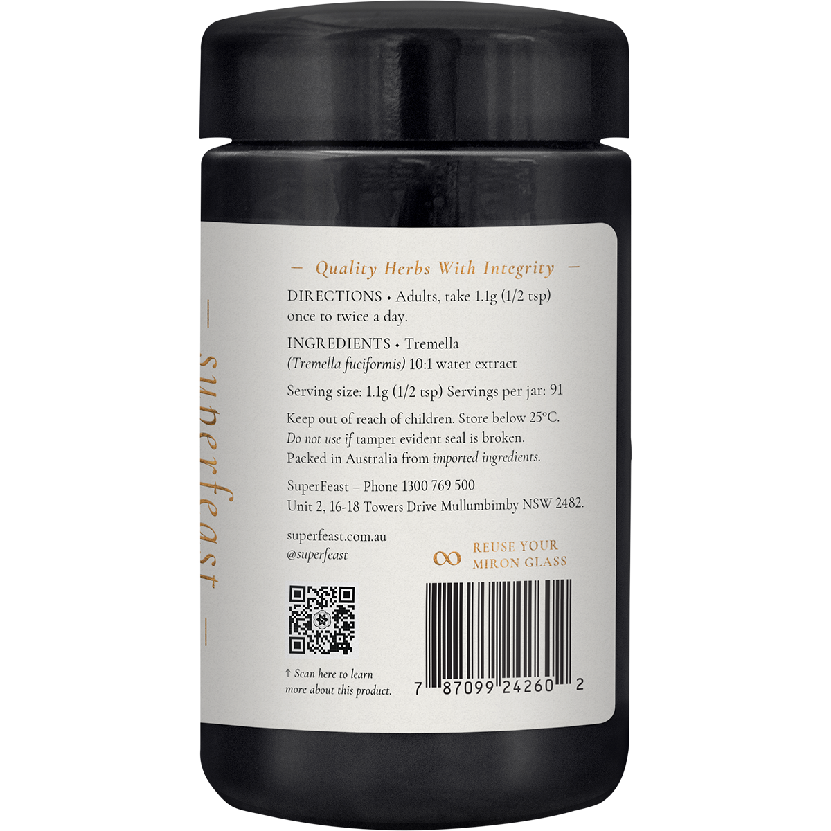 Right-side view of a 100g jar of SuperFeast Tremella mushroom extract powder on a white background.