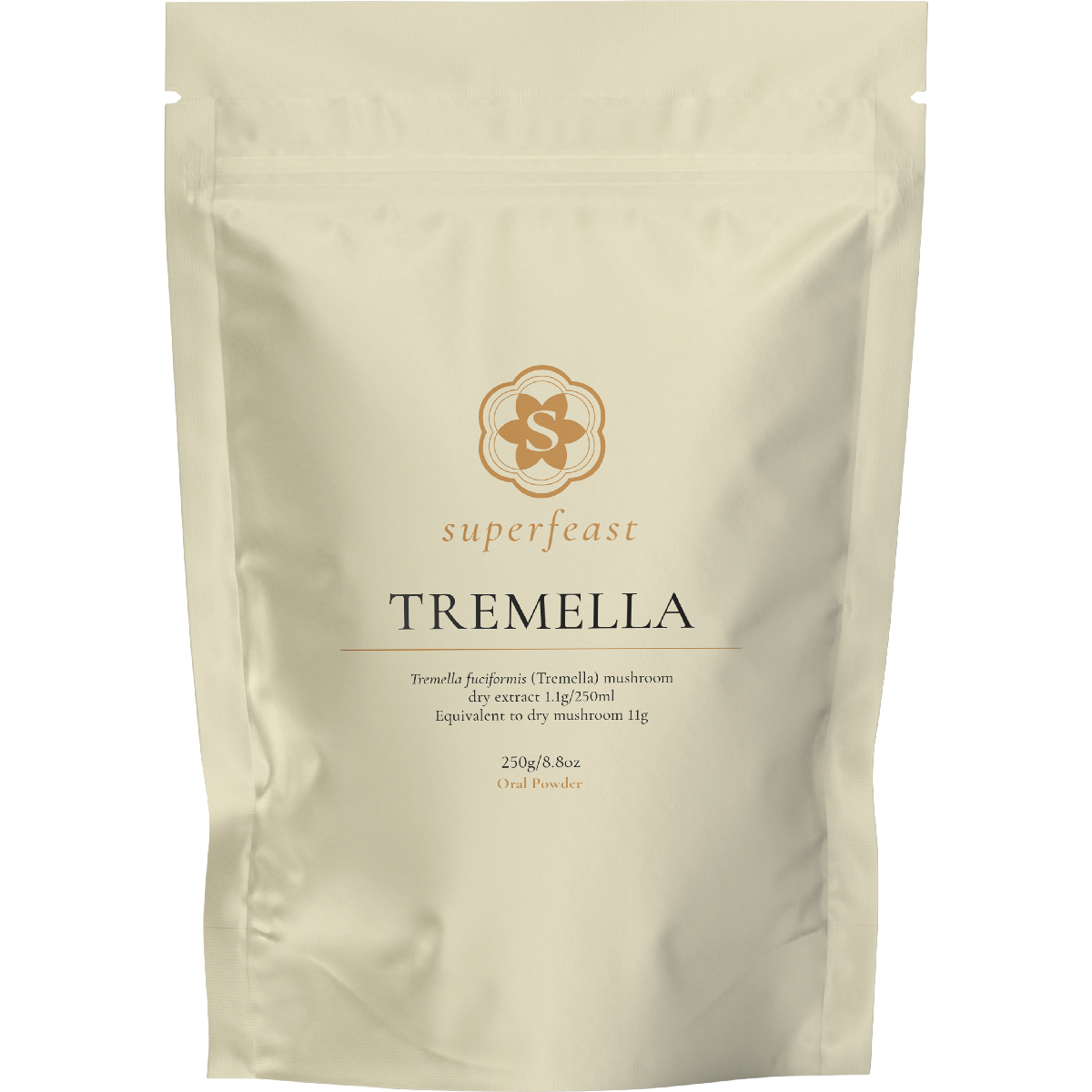 250g bag of SuperFeast Tremella mushroom extract powder for skin hydration and immune support.